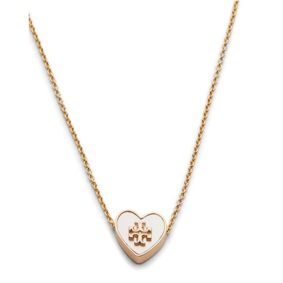 Tory Burch White and Gold Heart Logo Pendant Necklace - Picture 2 of 5
